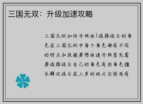 三国无双：升级加速攻略